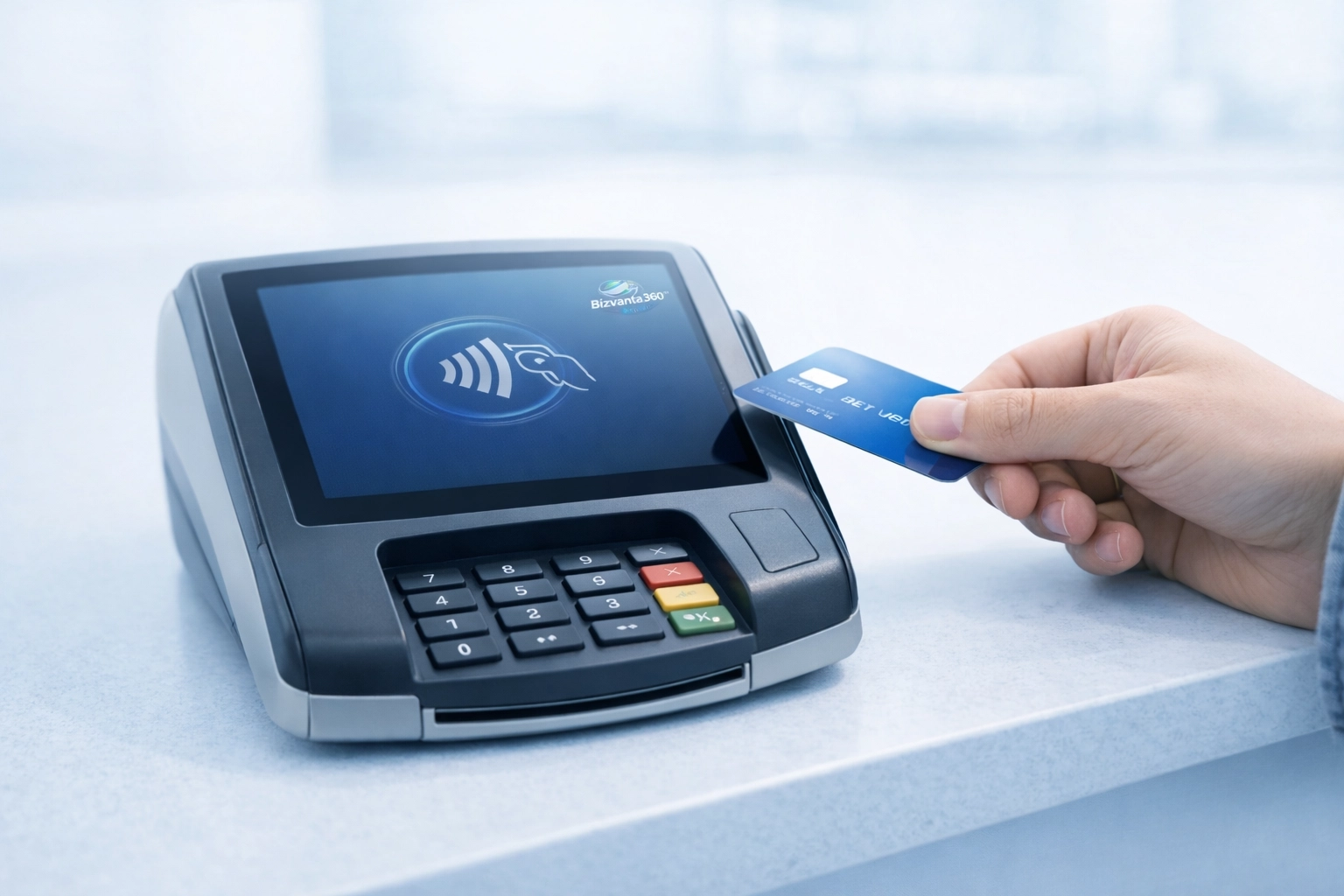 Close-up of a modern POS terminal in a bright, clean workspace during a secure tap-to-pay transaction; subtle blue tone and Bizvanta360™ logo integrated on-screen.