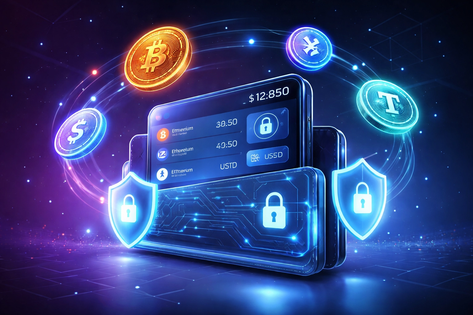 Digital smart wallet surrounded by Bitcoin, Ethereum, and stablecoins, highlighting Larecoin self-custody crypto security.