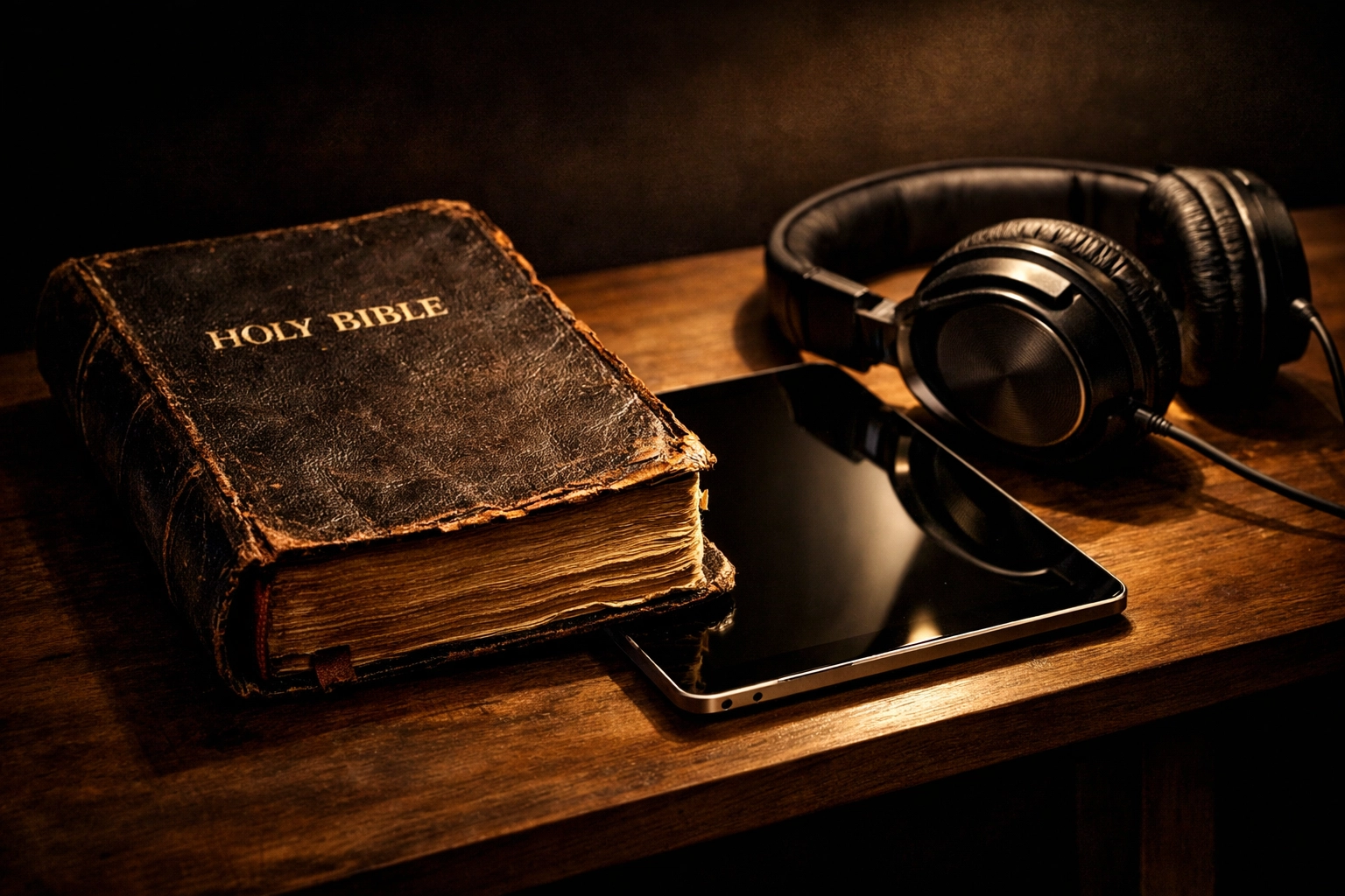 A Bible and a tablet on a table symbolize the integration of traditional study and modern ministry tools.