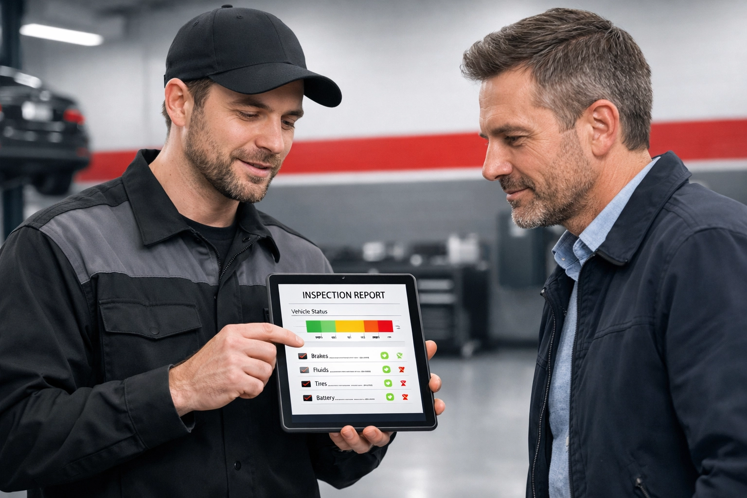 Mechanic explaining a digital vehicle inspection report to a car buyer at a Toronto automotive center.