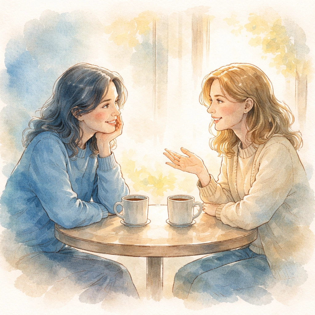 Watercolor illustration of two people sharing a warm, meaningful conversation in a cozy café, highlighting the beauty of ordinary connection.