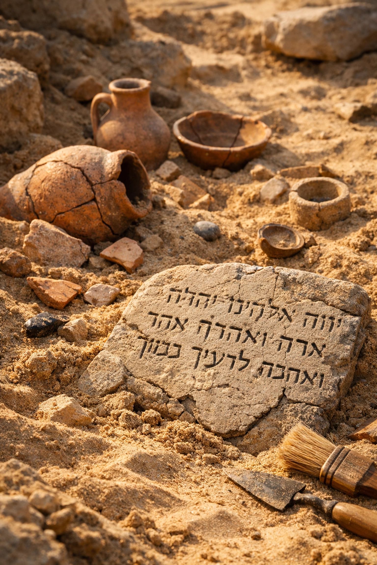 Archaeological artifacts and ancient pottery excavated from desert sand verifying biblical history
