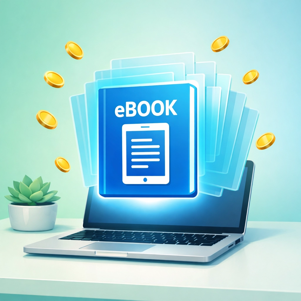 Digital ebook floating above laptop with coins symbolizing passive income from selling digital products online