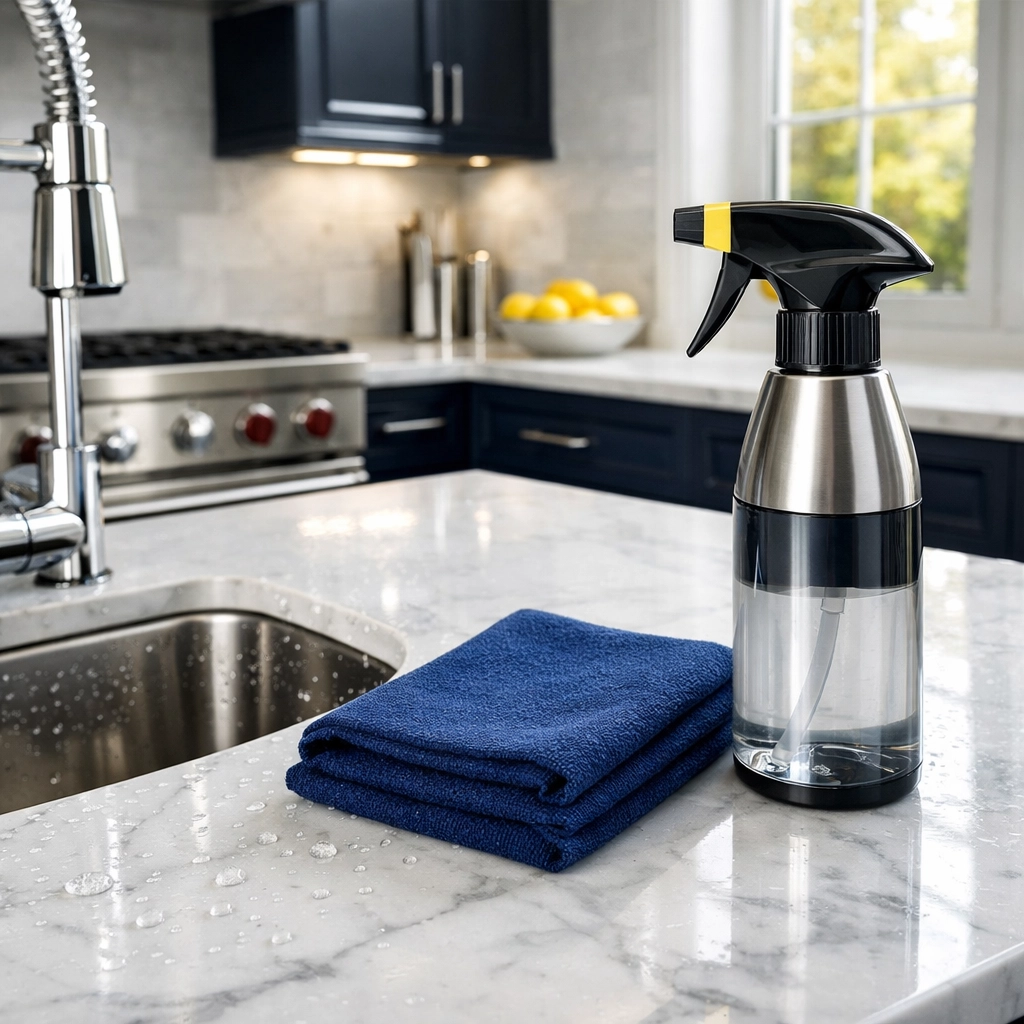Sanitized luxury kitchen counter and sink area reflecting high-end residential cleaning MA standards.