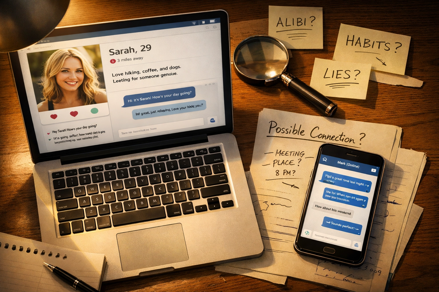 Fraud investigator's desk with laptop and phone showing dating scam detection research