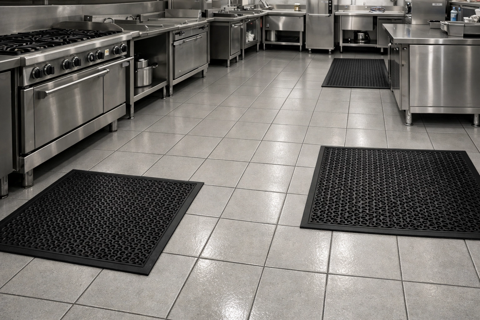 Clean commercial kitchen floors and degreased appliance bases in a Worcester restaurant kitchen.