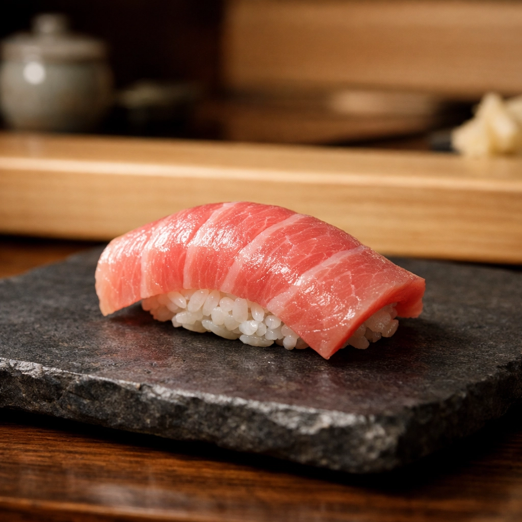 Premium O-toro fatty tuna sushi at an upscale Ginza sushi bar in Tokyo.