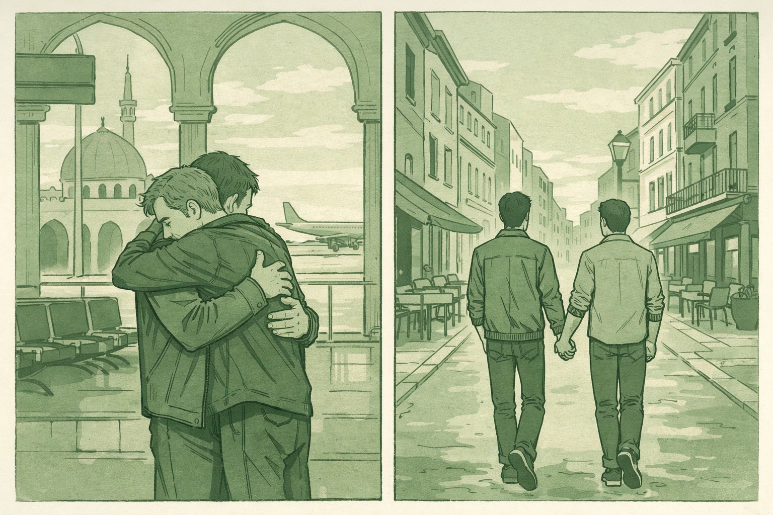 Gay couple's journey from Middle East airport departure to holding hands freely in Europe