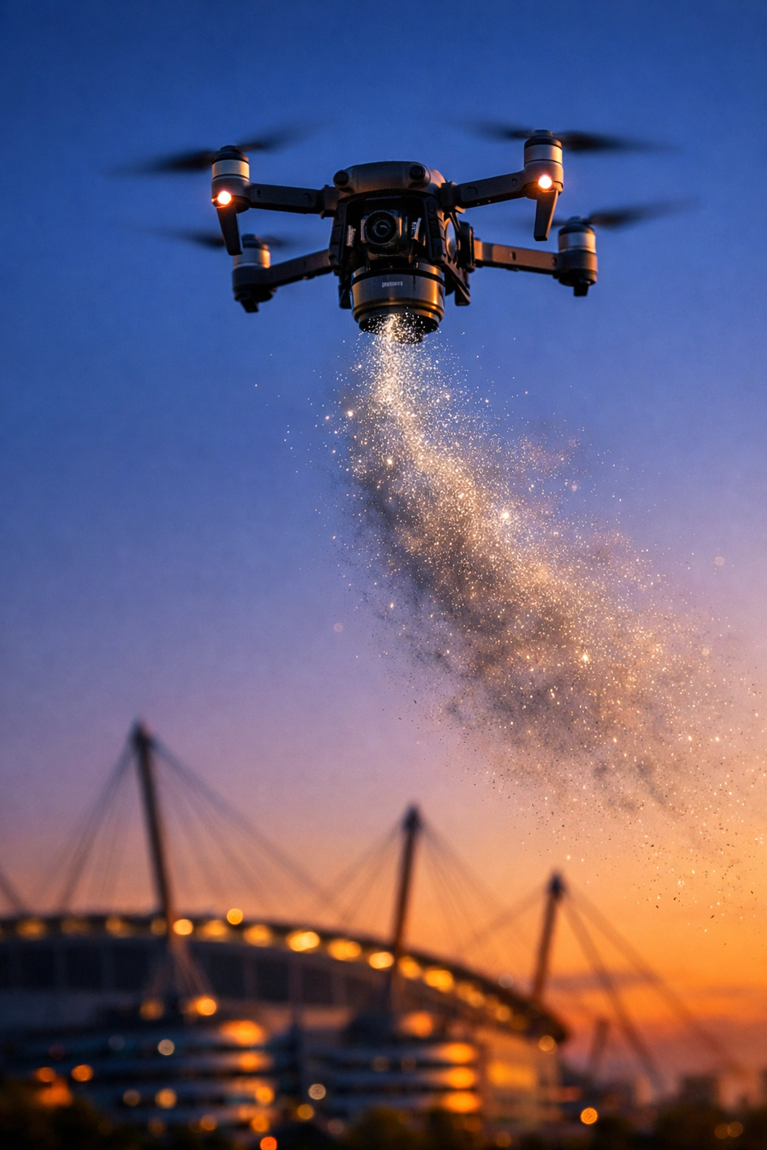 Aerial ash scattering service near the Etihad Stadium at sunset, symbolizing a peaceful final journey.
