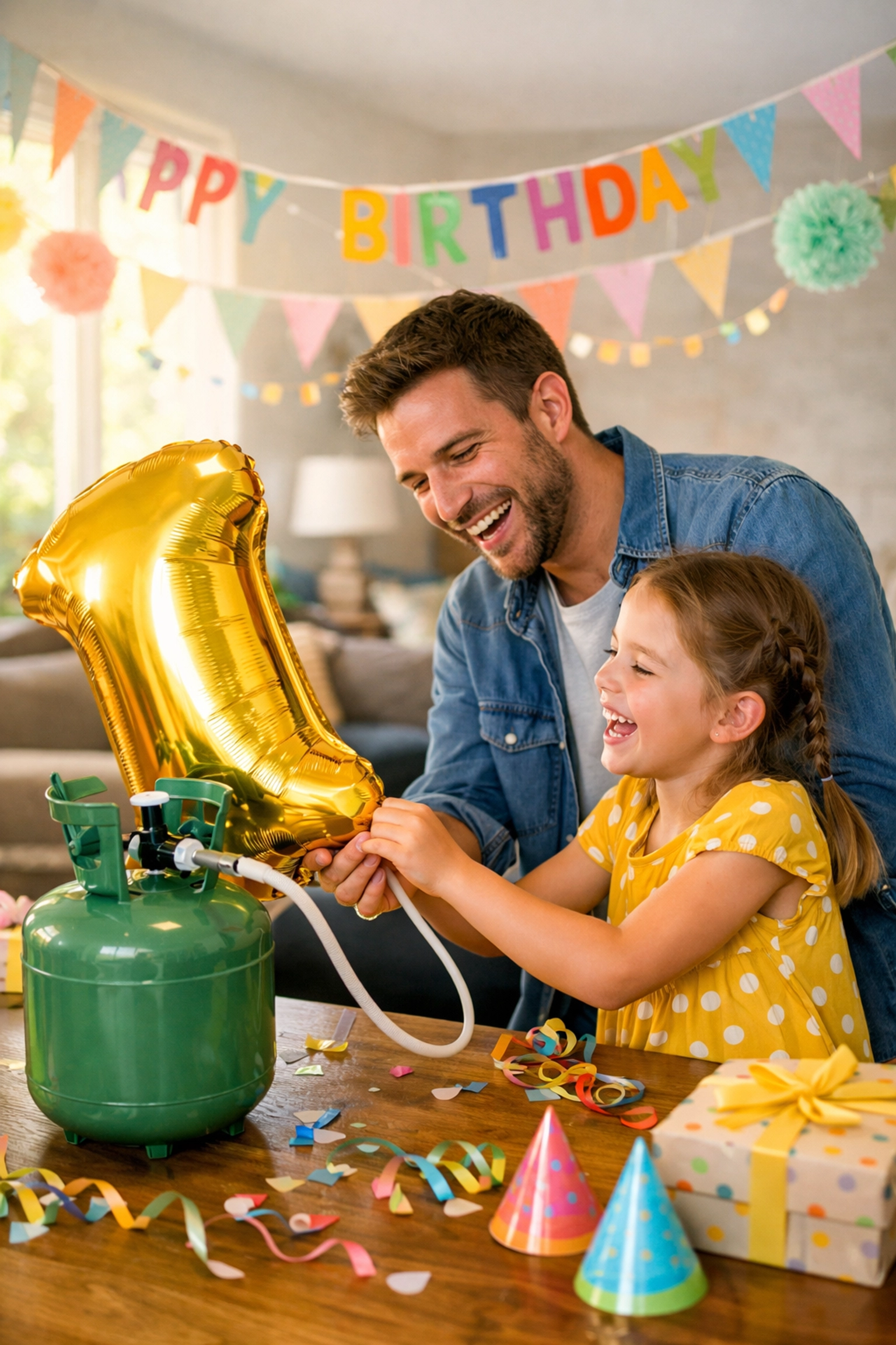 A family inflating party balloons with a refillable helium gas cylinder at home.