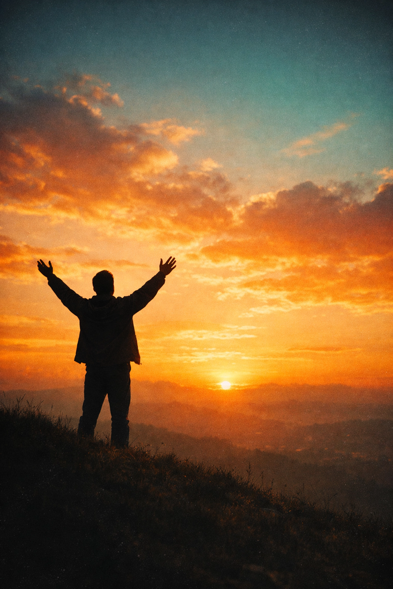Person worshiping with raised arms after encountering Christ