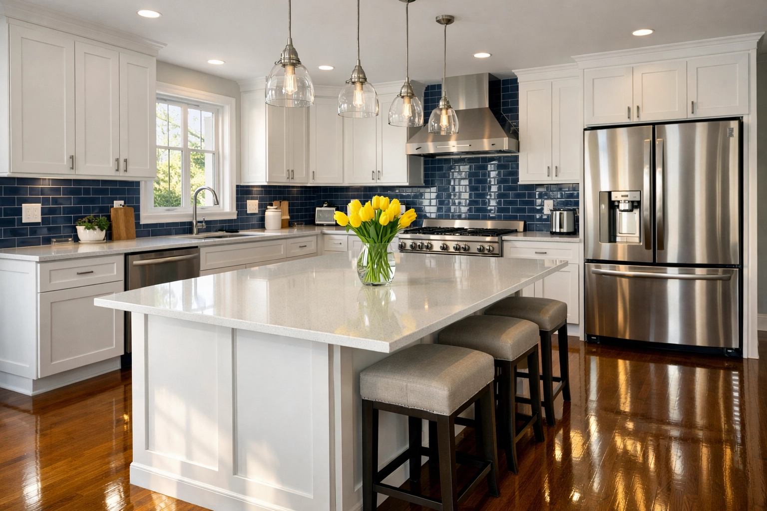 Immaculate kitchen with polished floors after professional house cleaning in Chelmsford, MA.