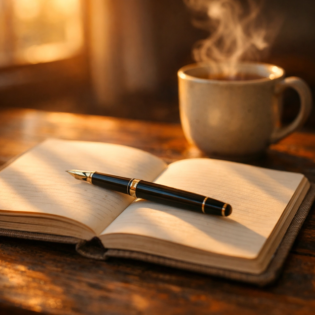 A professional morning journal and pen set on a table in soft sunlight for daily mental focus.