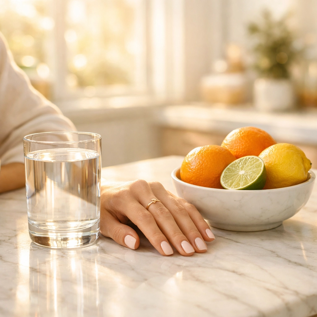 Healthy morning lifestyle with fresh fruit and water, symbolizing metabolic balance and BHRT optimization.
