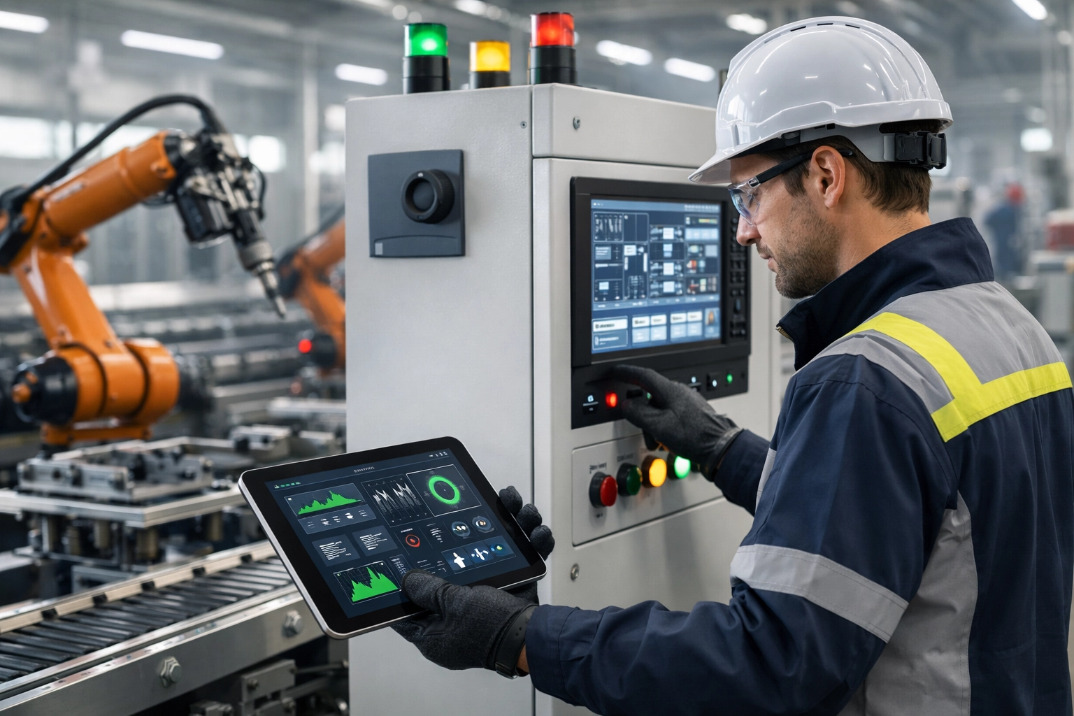 Human technician monitoring an industrial automation control panel beside robotic machinery in a smart factory