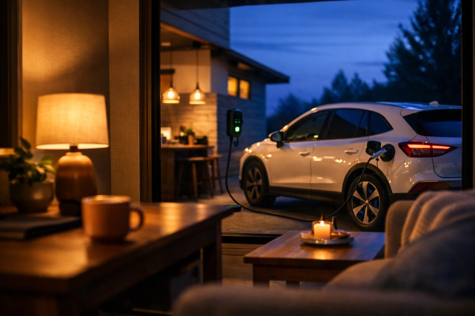 Smart home energy system featuring EV charging at a modern Dorset house during the evening.