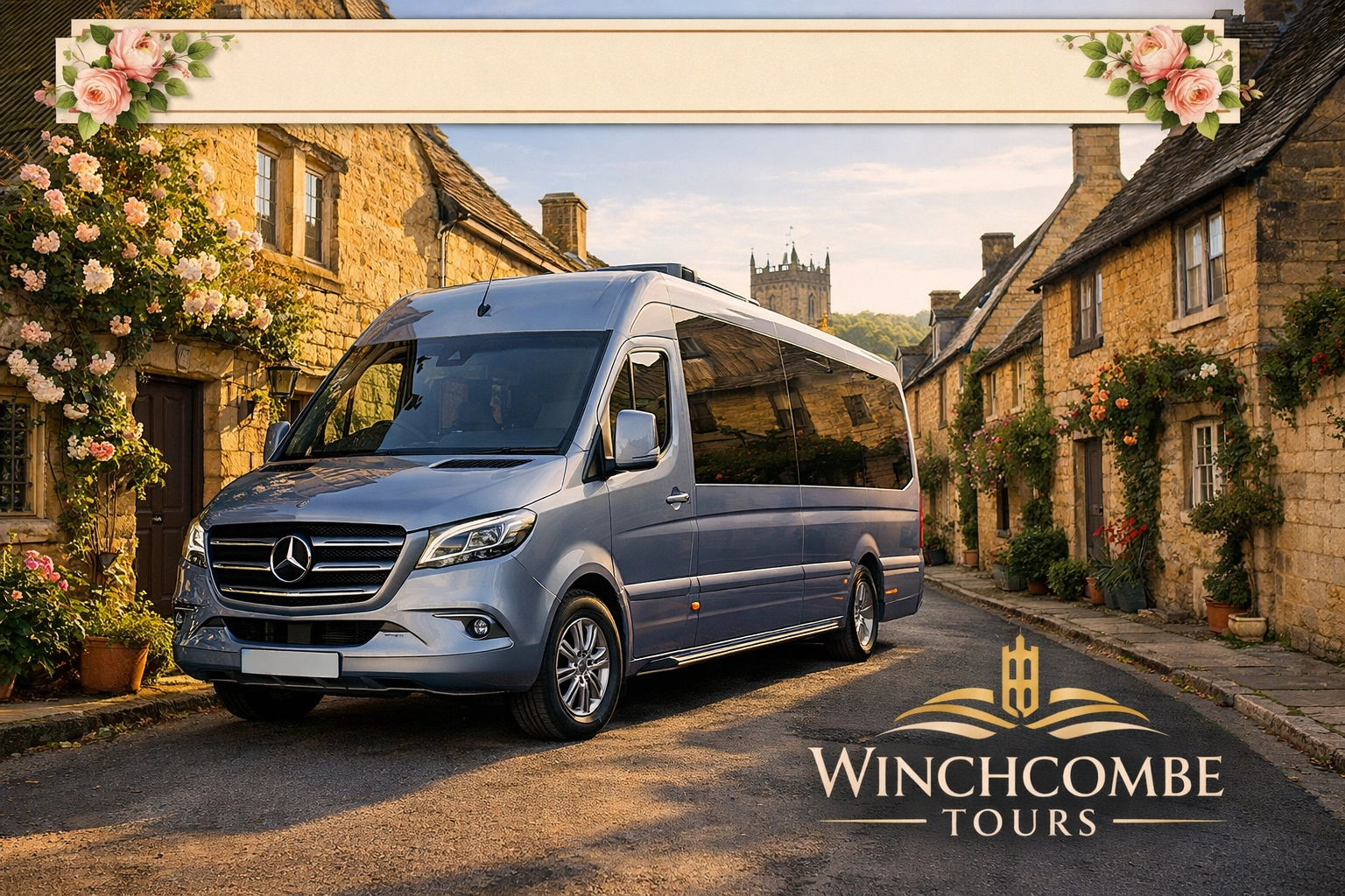 A Silver Blue Mercedes minibus touring through a historic stone lane in Winchcombe.