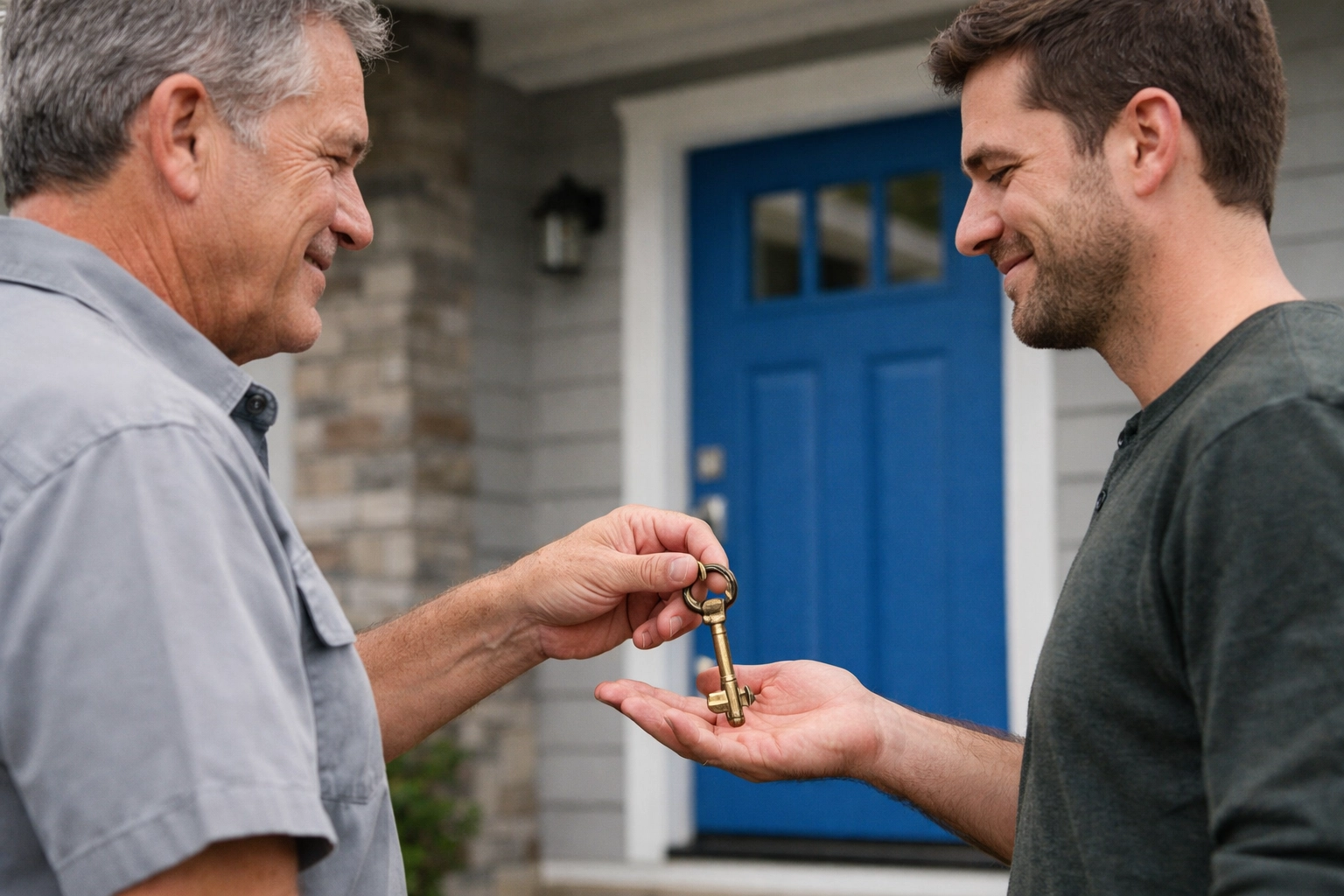 Father handing house keys to his adult son, representing a secure legacy transfer and family wealth protection.