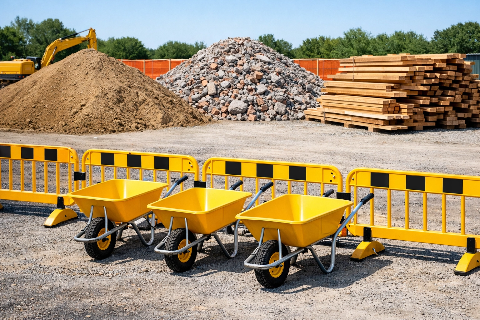 Properly separated construction waste including soil, rubble and timber on building site