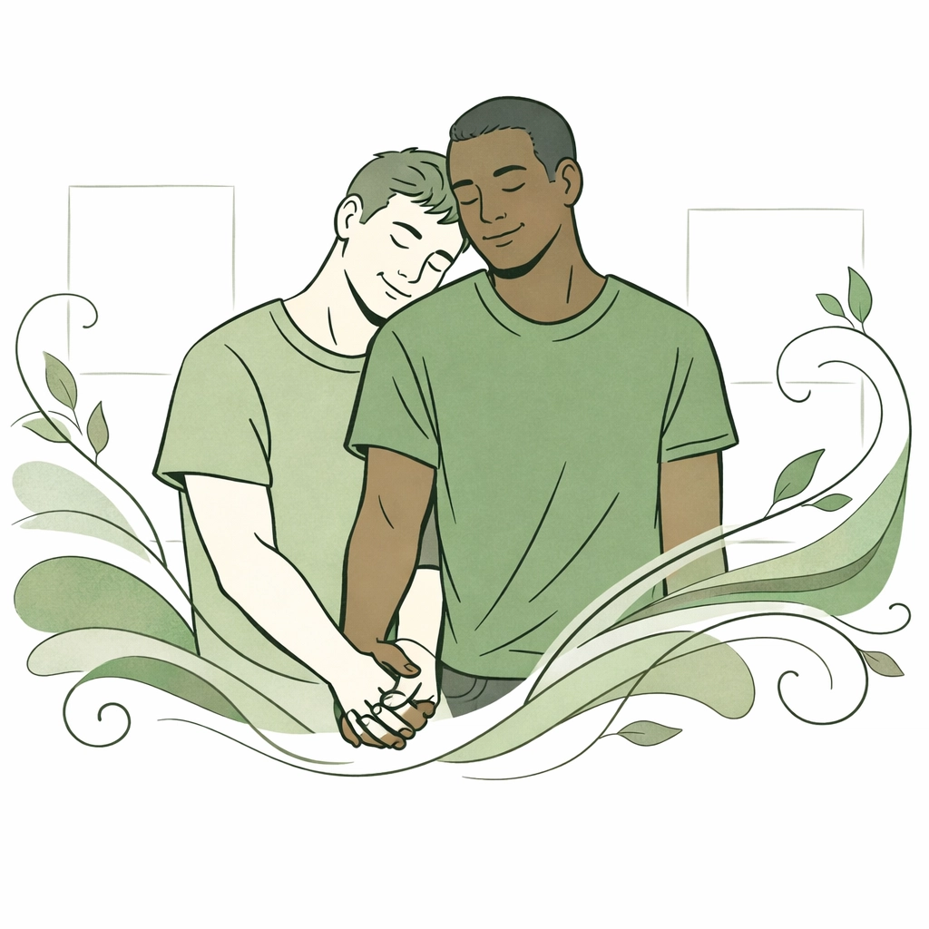 Hand-drawn illustration of an MM couple embracing, symbolizing fluid identity and emotional connection in gay romance.