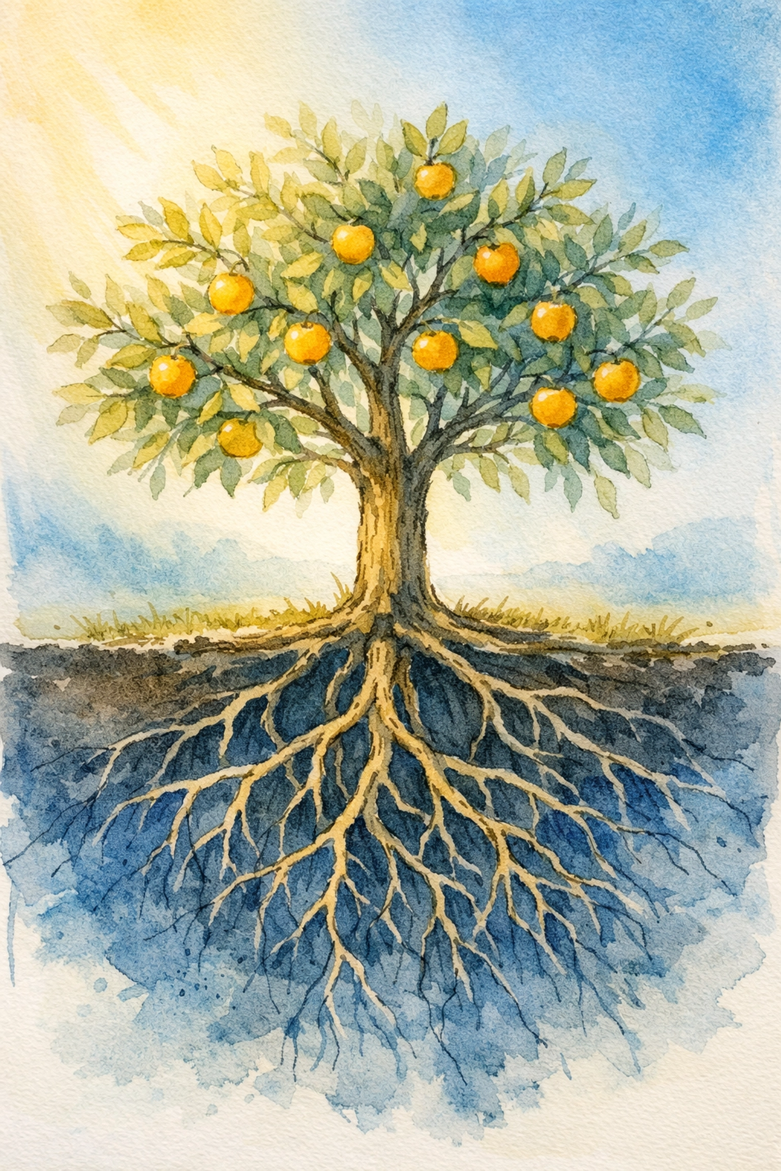 Tree with deep roots bearing fruit symbolizing spiritual formation and natural growth in faith