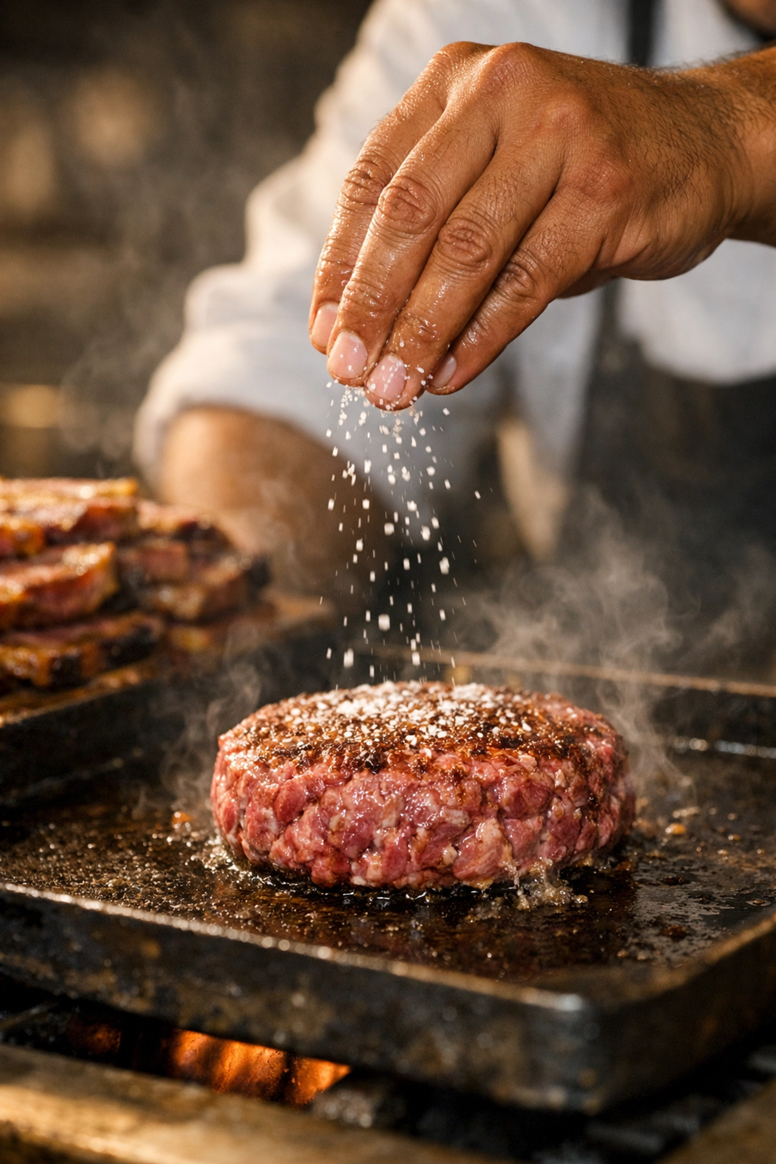 Chef seasoning a premium Brandt beef burger patty in the kitchen of Goldenette diner on Polk Street.