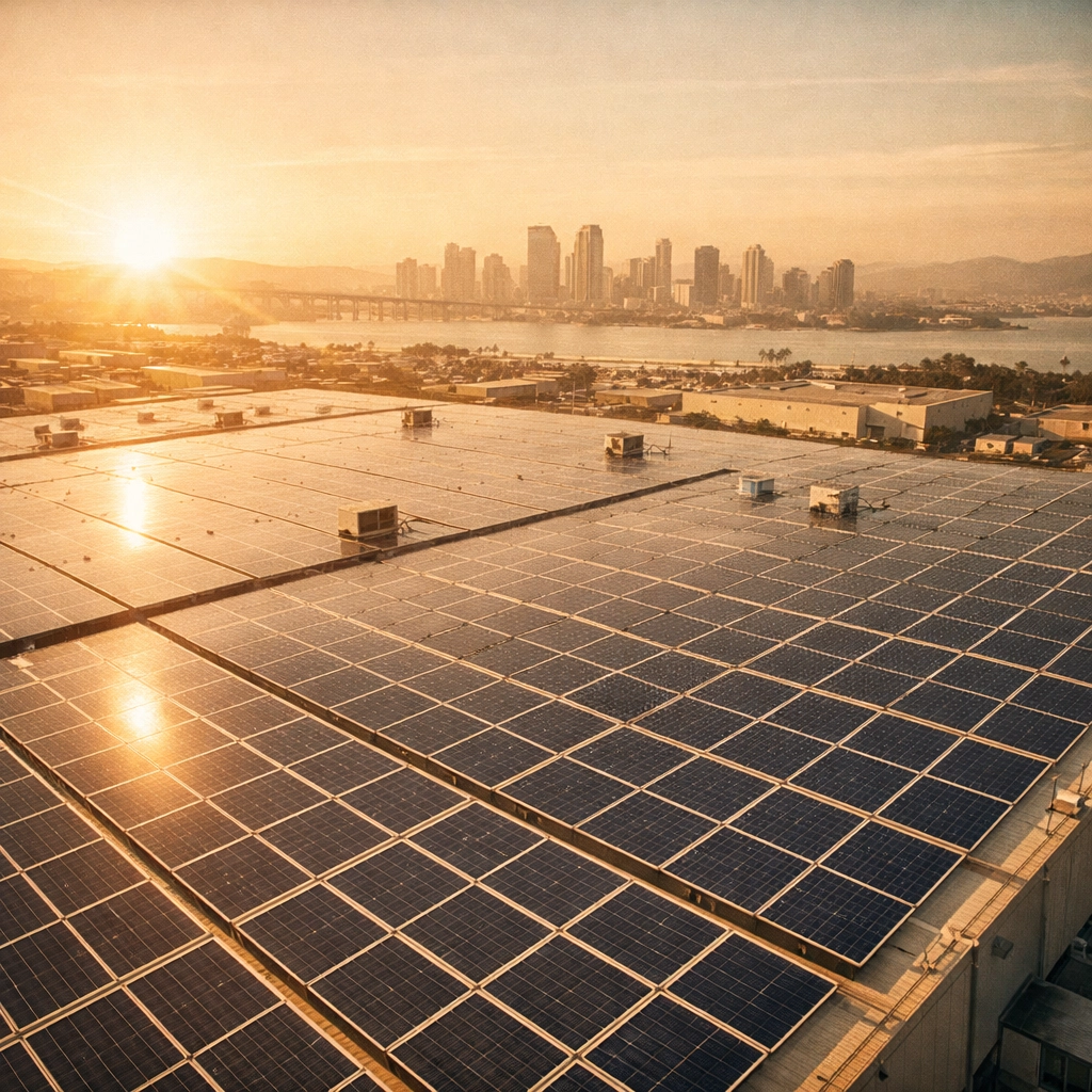 San Diego industrial warehouse solar panel array maximizing commercial property NOI and asset valuation.