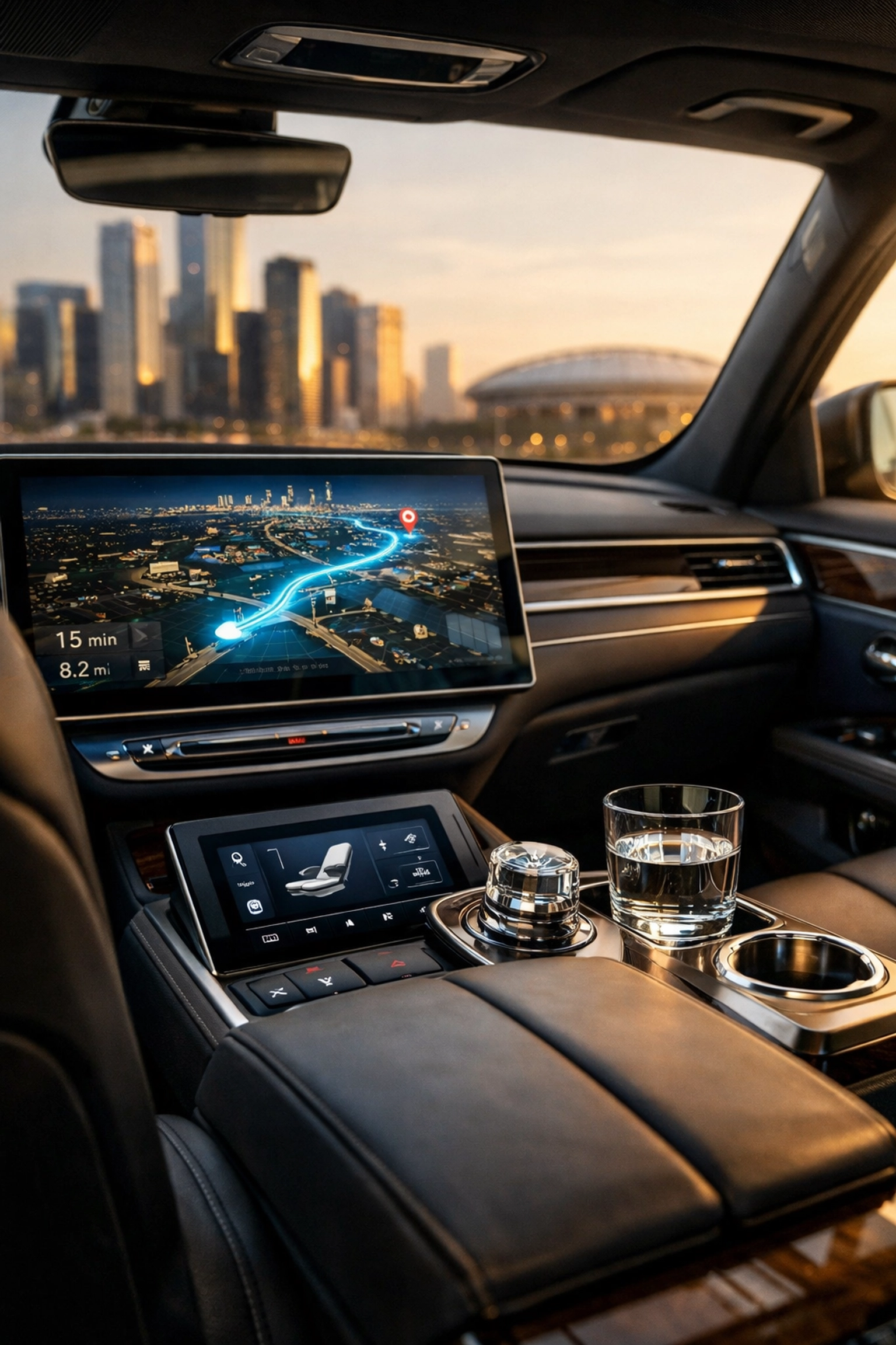Inside a luxury executive vehicle showing a GPS navigation route toward a stadium for a Super Bowl event.