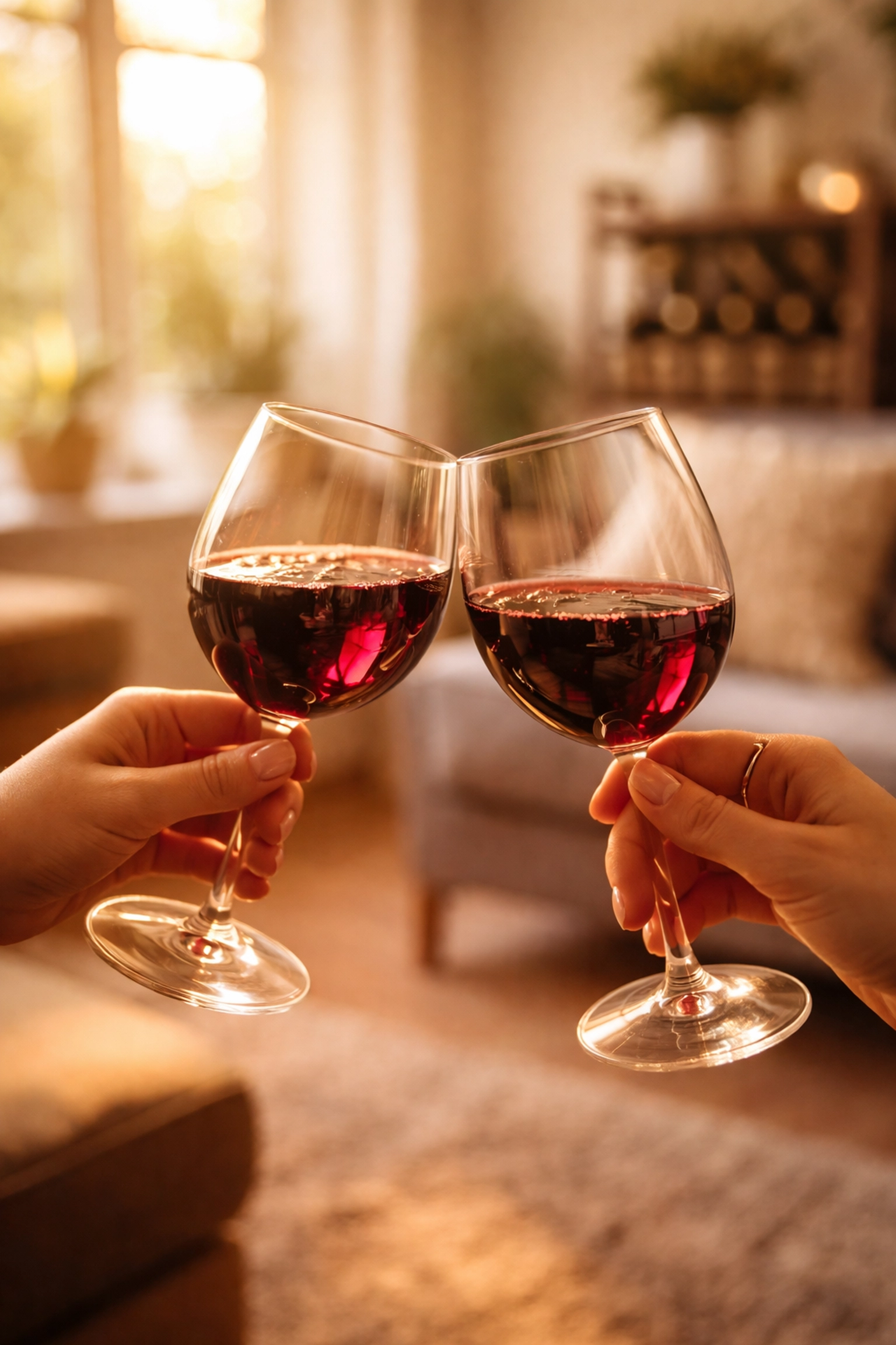 Two glasses of red wine being clinked together in a cozy home, celebrating Katy Moore Wines joining K Cellars on Facebook.