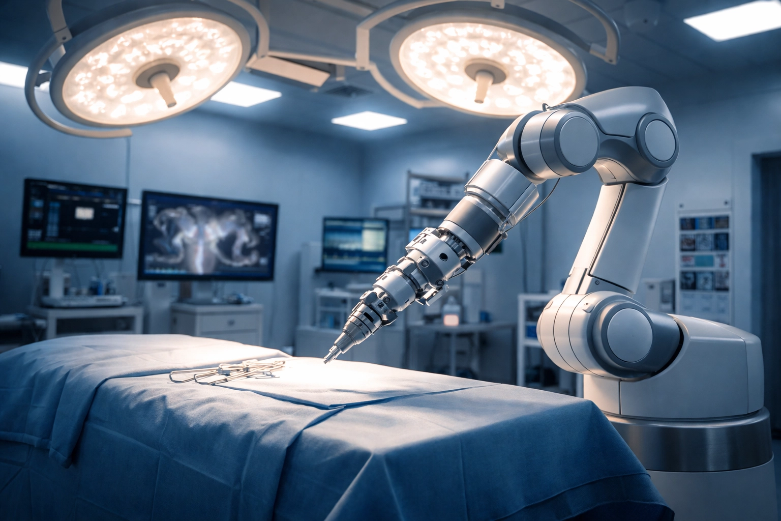 Robotic surgical arm in modern operating room for precision knee replacement surgery