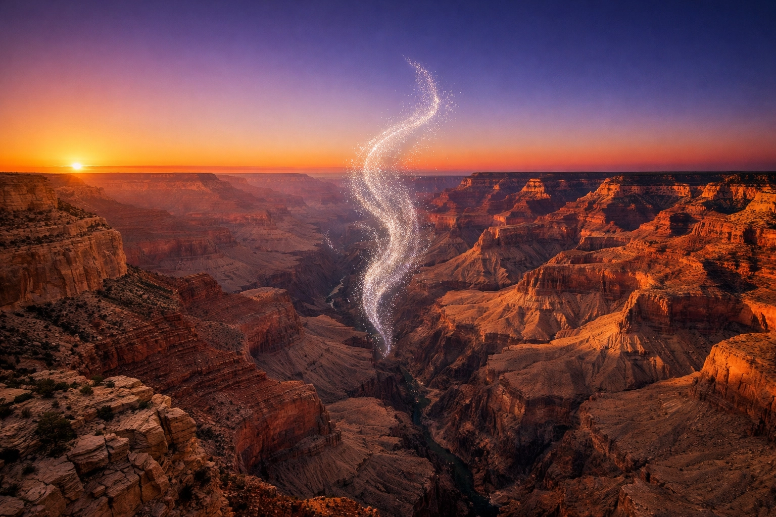 Professional drone ash scattering ceremony over the Grand Canyon during a golden sunset.