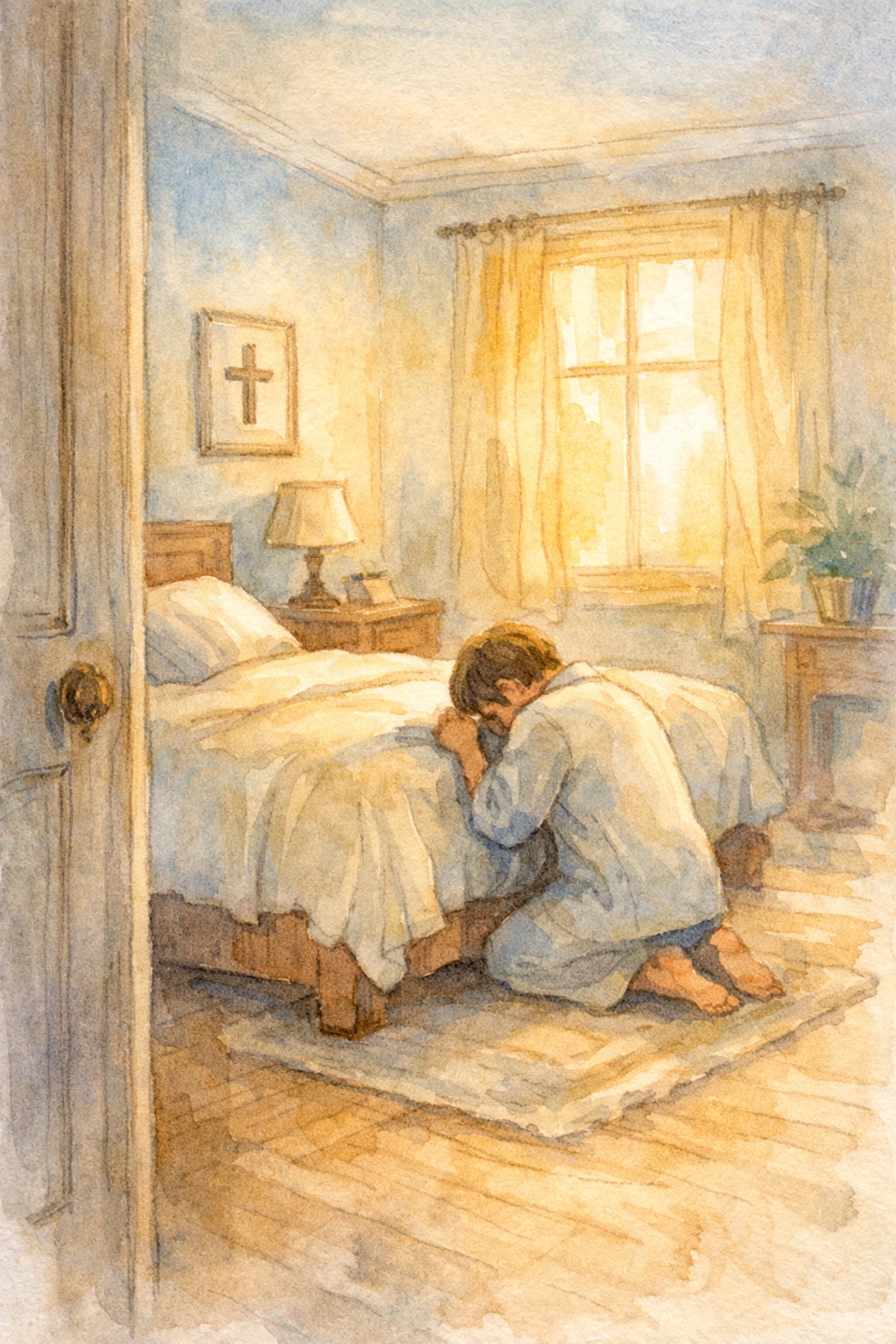 Person kneeling in morning prayer beside bed for peaceful Sunday preparation