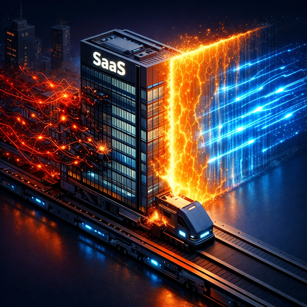 SaaS company hitting a growth wall with chaotic data streams becoming organized through a unified learning ecosystem.