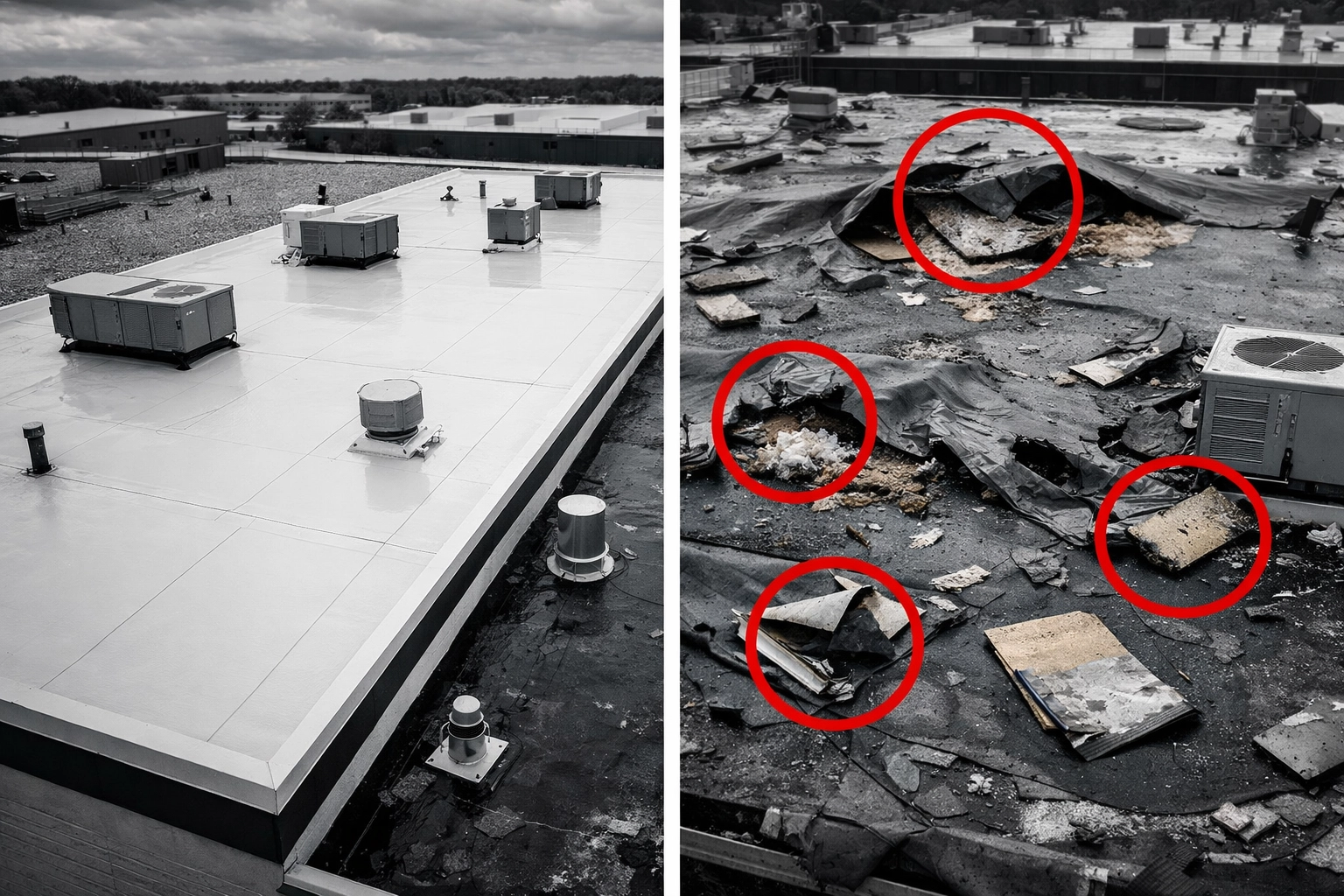 FM approved commercial roof intact after storm compared to damaged standard roof