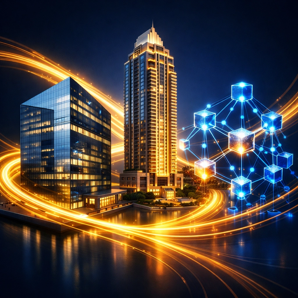 Three interconnected structures representing private equity, real estate, and crypto investments in 2026