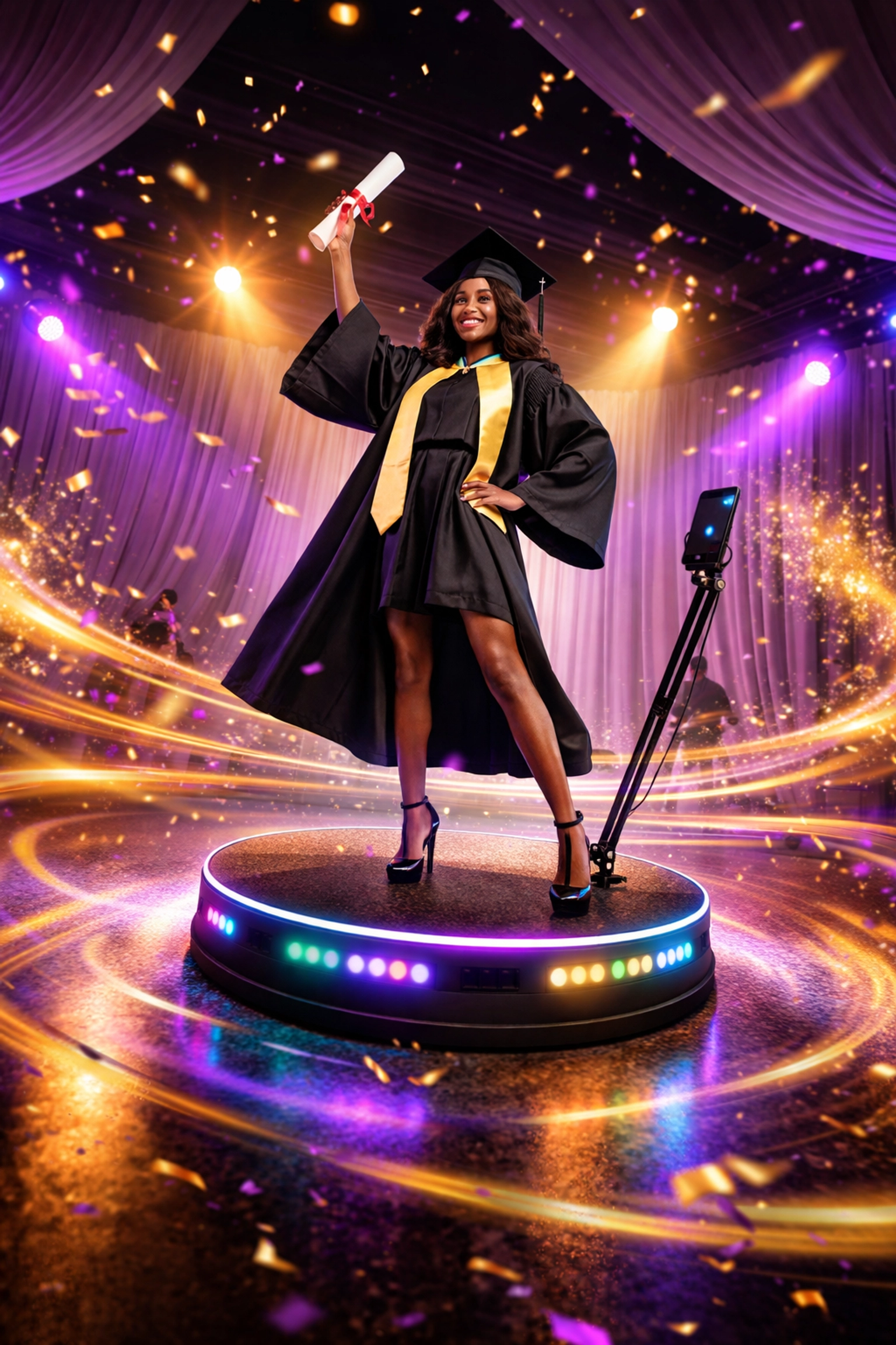 Graduate celebrating on a 360 photo booth platform with motion effects and dramatic lighting at a vibrant party.