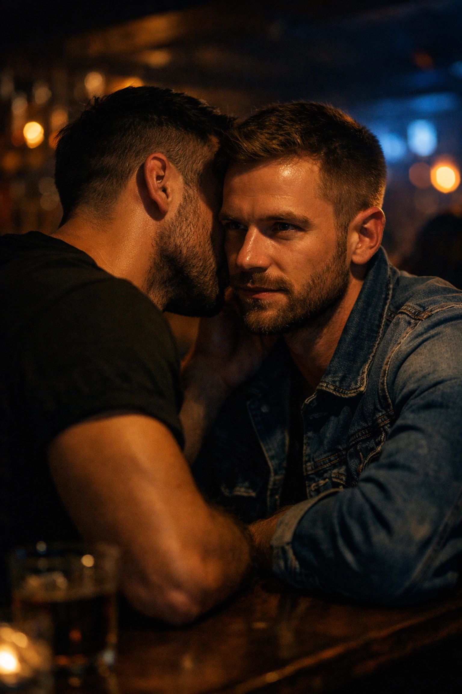 Two men sharing intimate moment in dimly lit gay cruising bar
