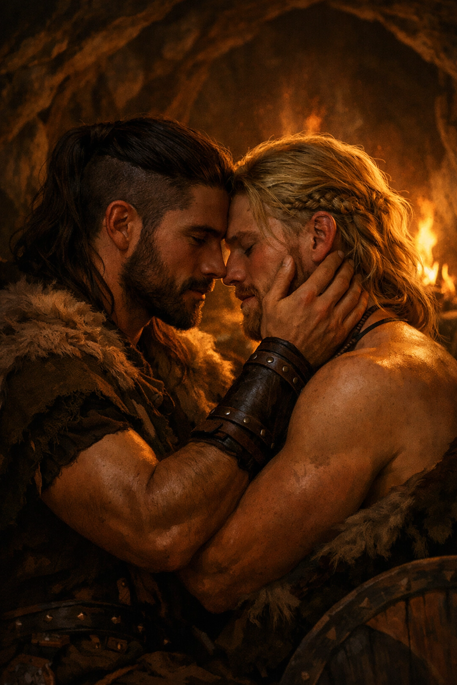 Two Viking warriors embrace in firelit cave, LGBTQ+ Norse romance love scene