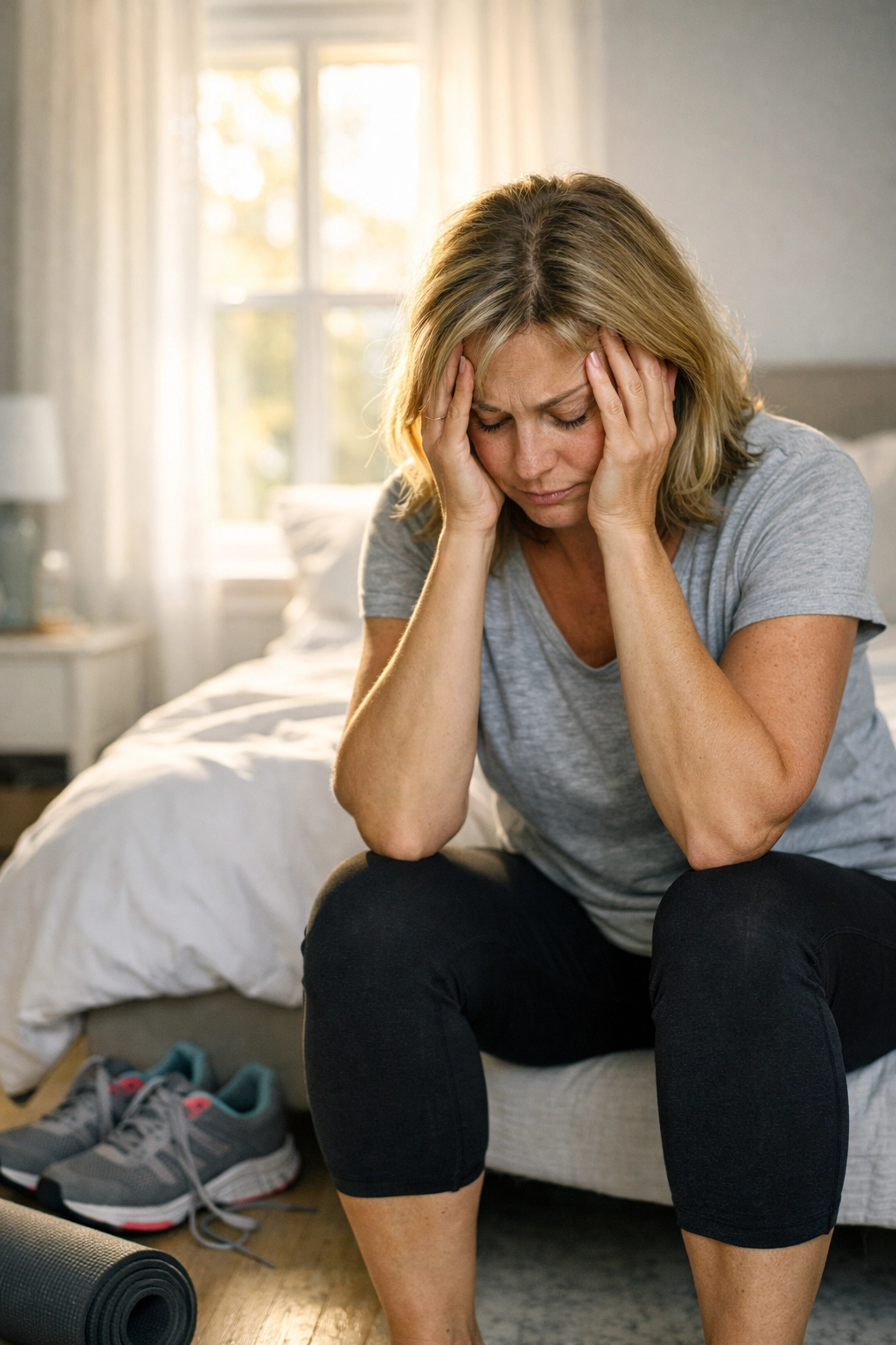 Exhausted woman in perimenopause after exercise showing frustration with weight gain despite workout routine