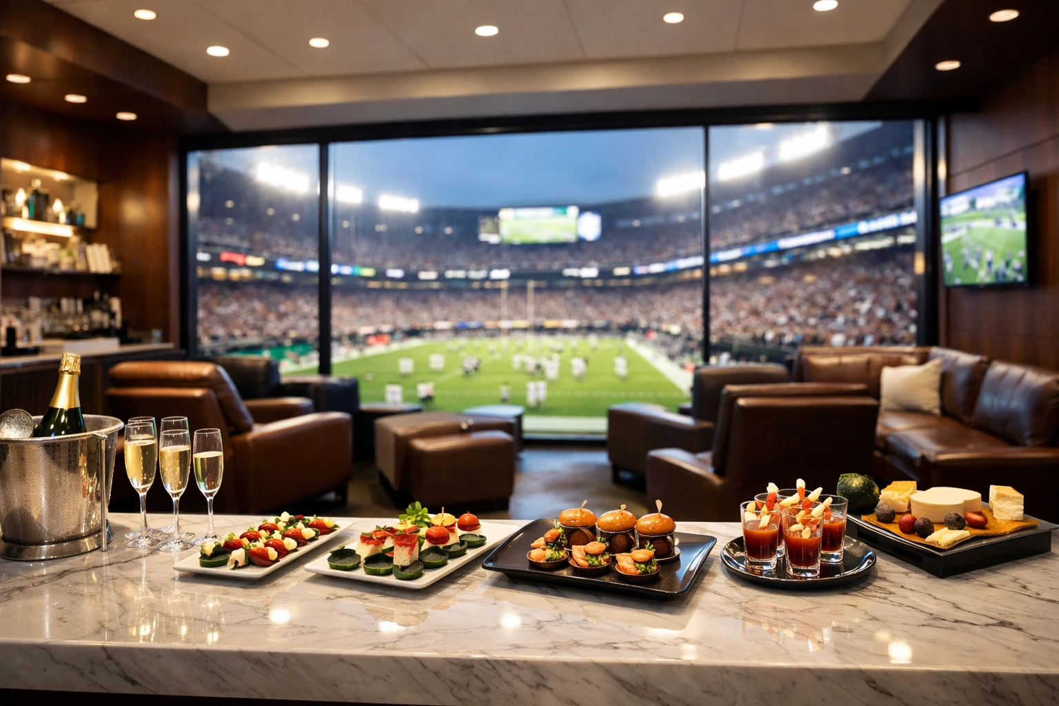 Exclusive Super Bowl luxury suite with premium catering and field views for corporate hospitality events.