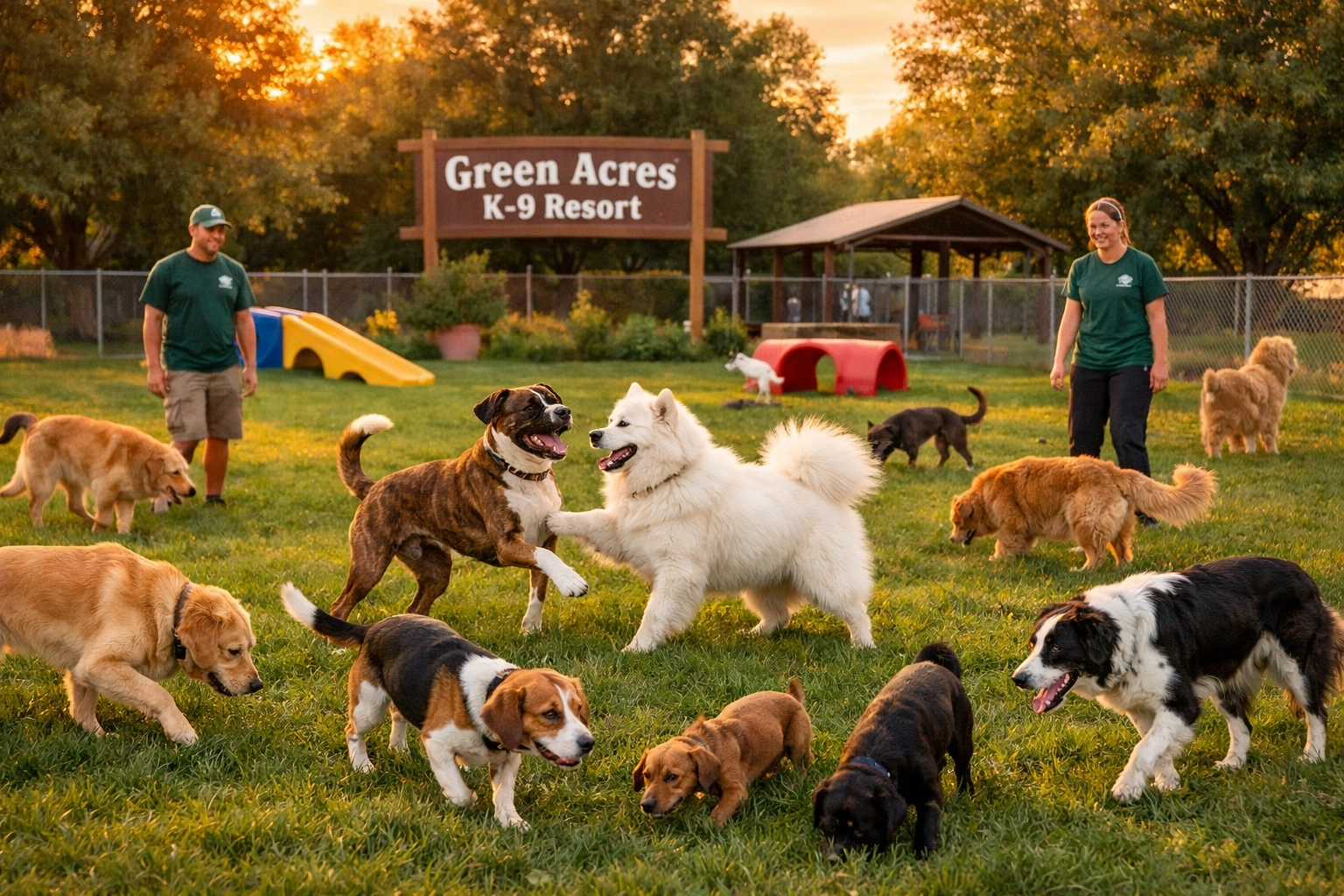 Dogs enjoying supervised outdoor routine at Portland pet care facility