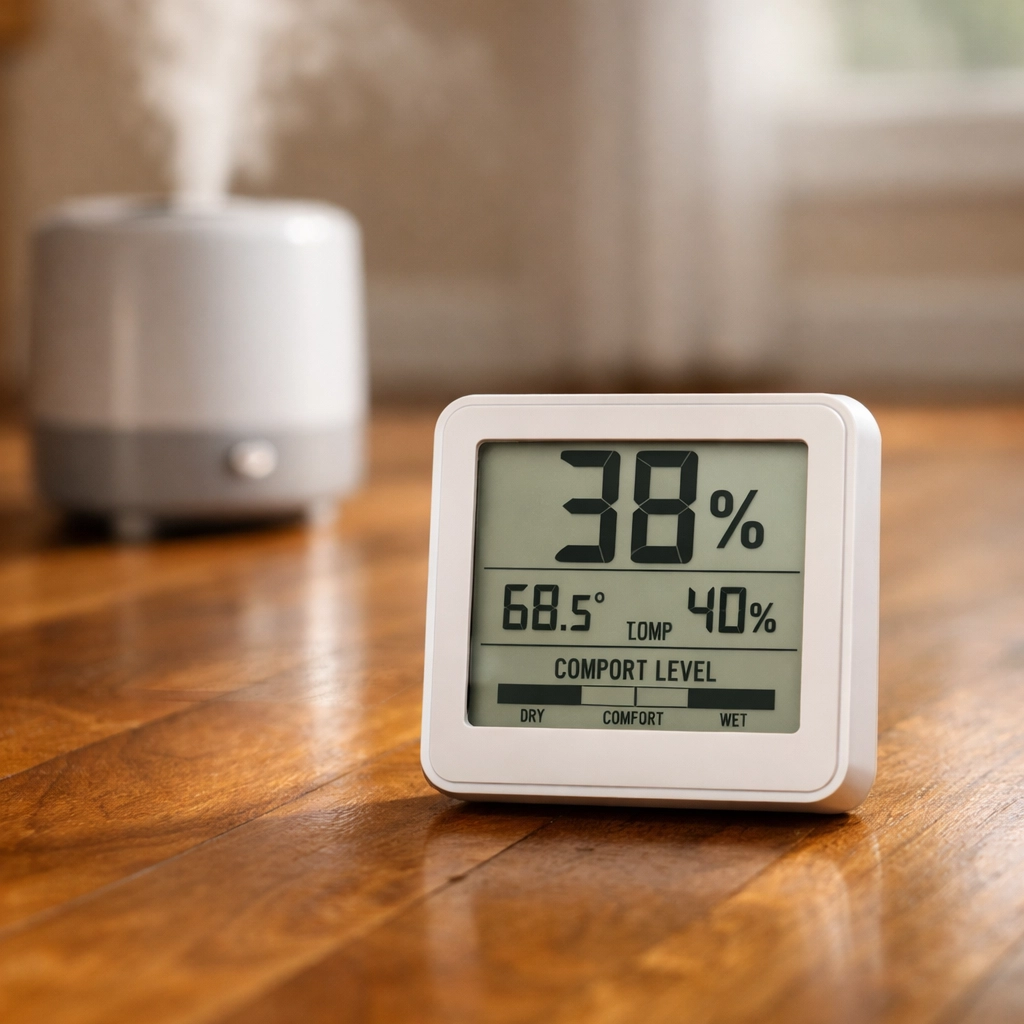 Hygrometer and humidifier monitoring humidity levels for winter hardwood floor refinishing in Chicago