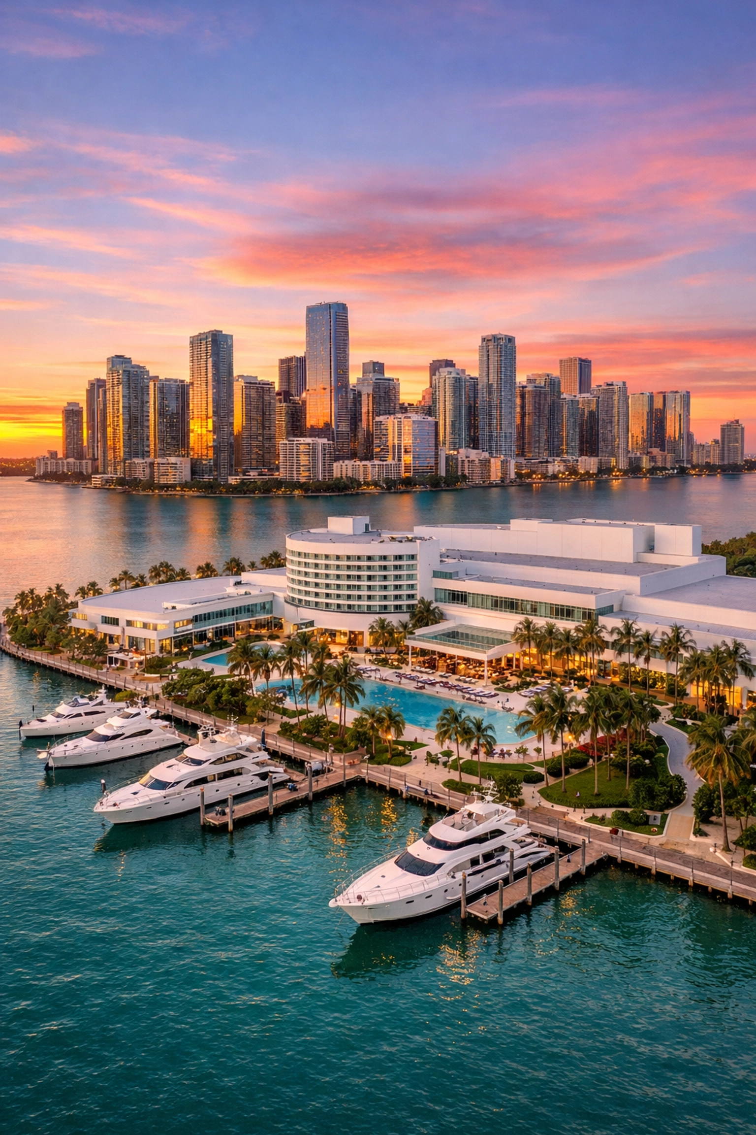 Aerial drone photography of a luxury Miami convention venue on the water at sunset.