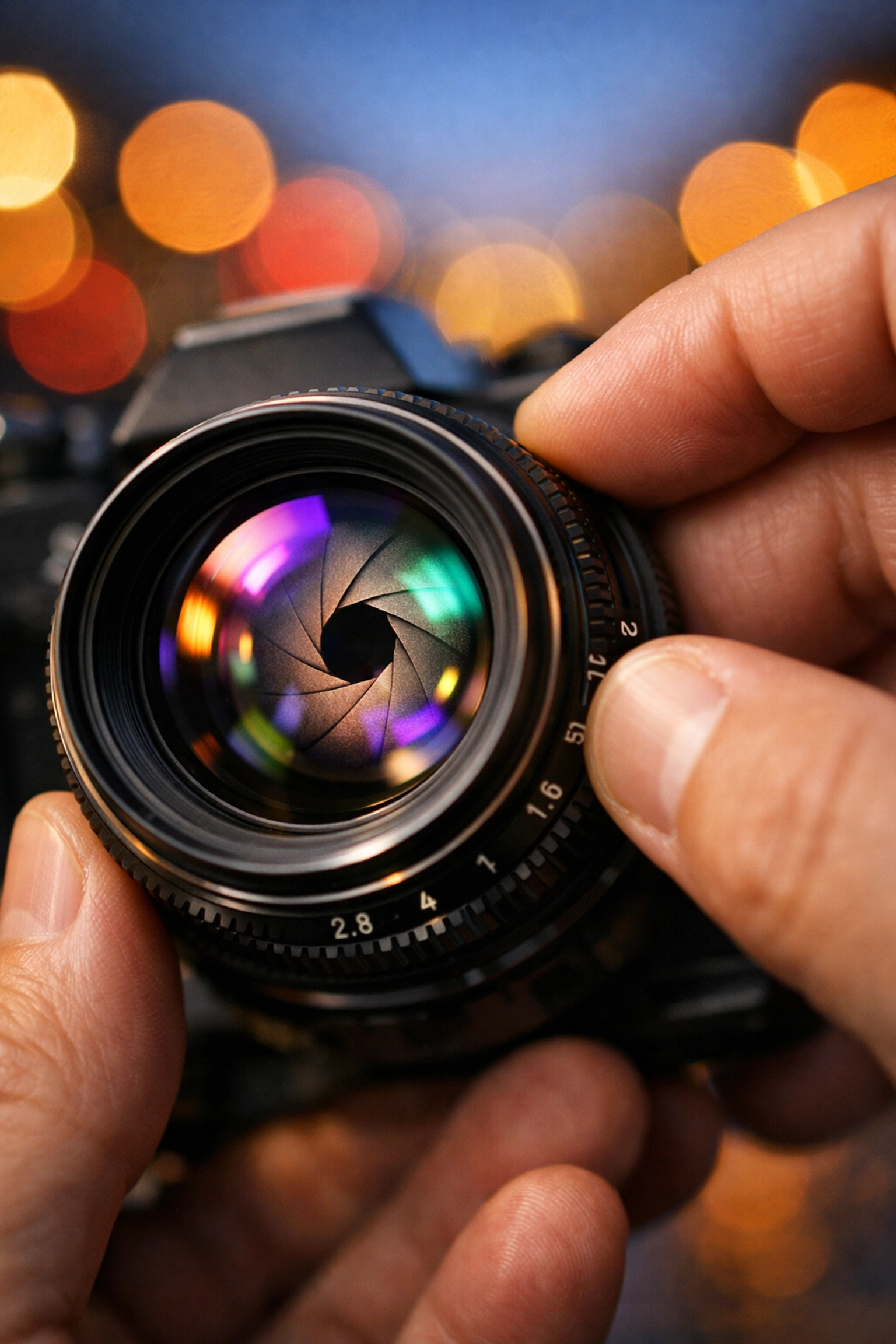Photographer adjusting a lens aperture ring to learn how to use manual mode camera settings.