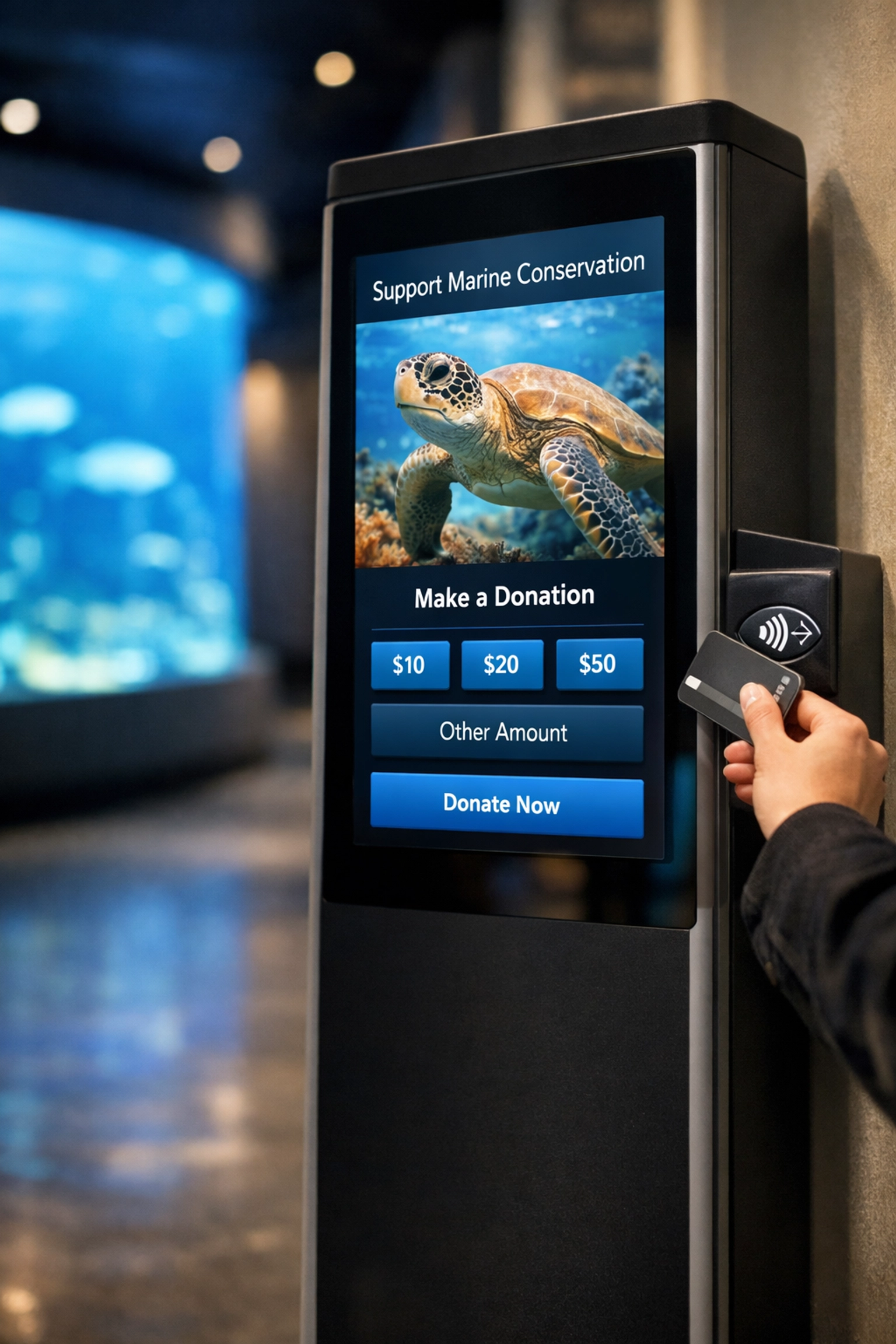 Interactive kiosk in an aquarium used for contactless donations and conservation fundraising.