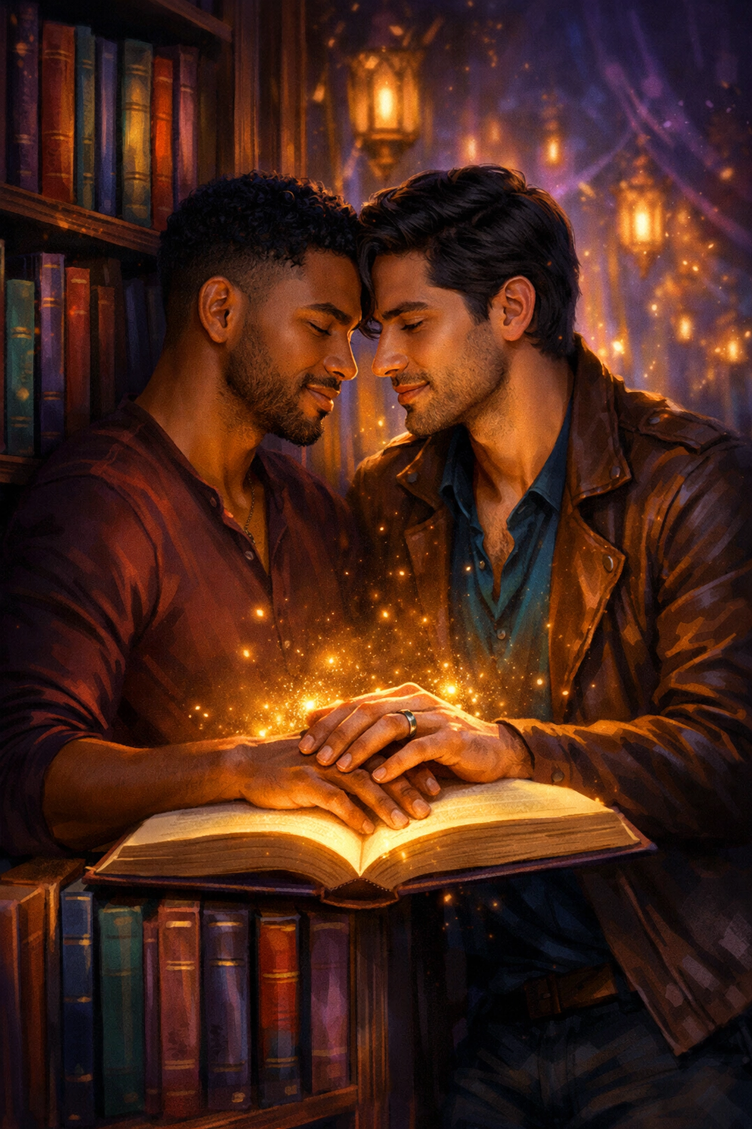Multiracial gay couple in a library, representing authentic intersectional characters and diverse MM romance book tropes.
