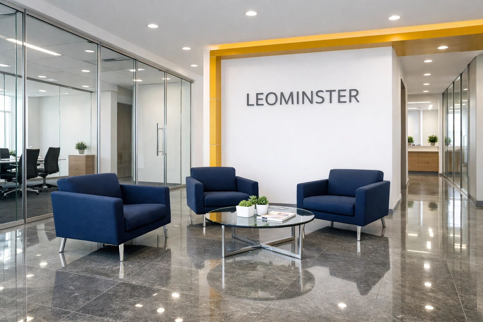 Professional office cleaning in Leominster featuring a polished lobby with modern furniture.