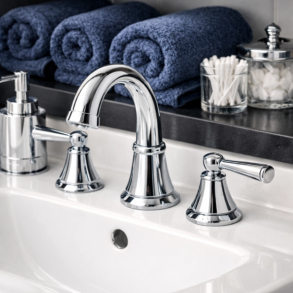 High-end maid services Worcester featuring sanitized bathroom vanities and gleaming fixtures.