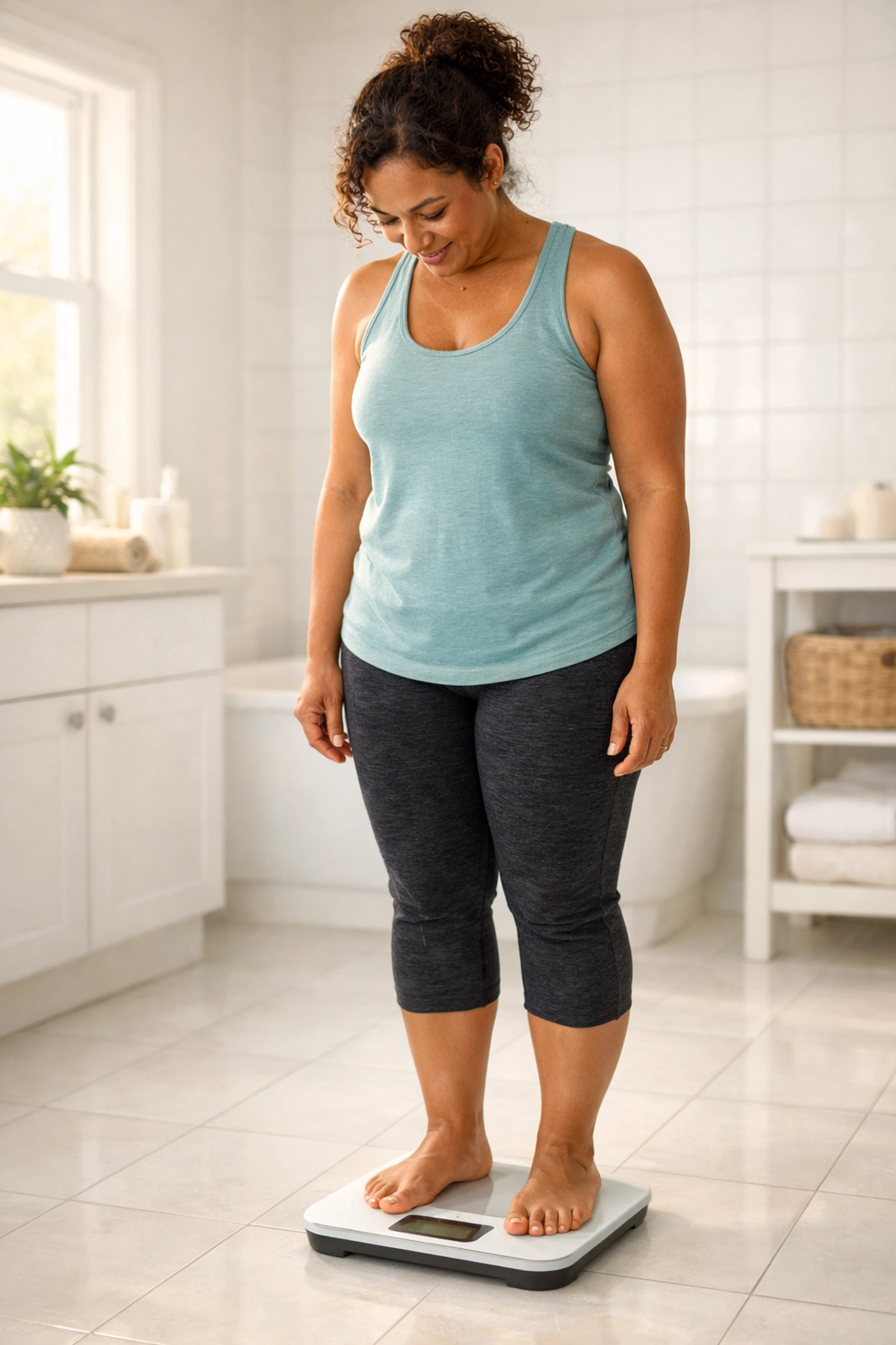 Woman checking weight on scale during prescription weight loss medication assessment
