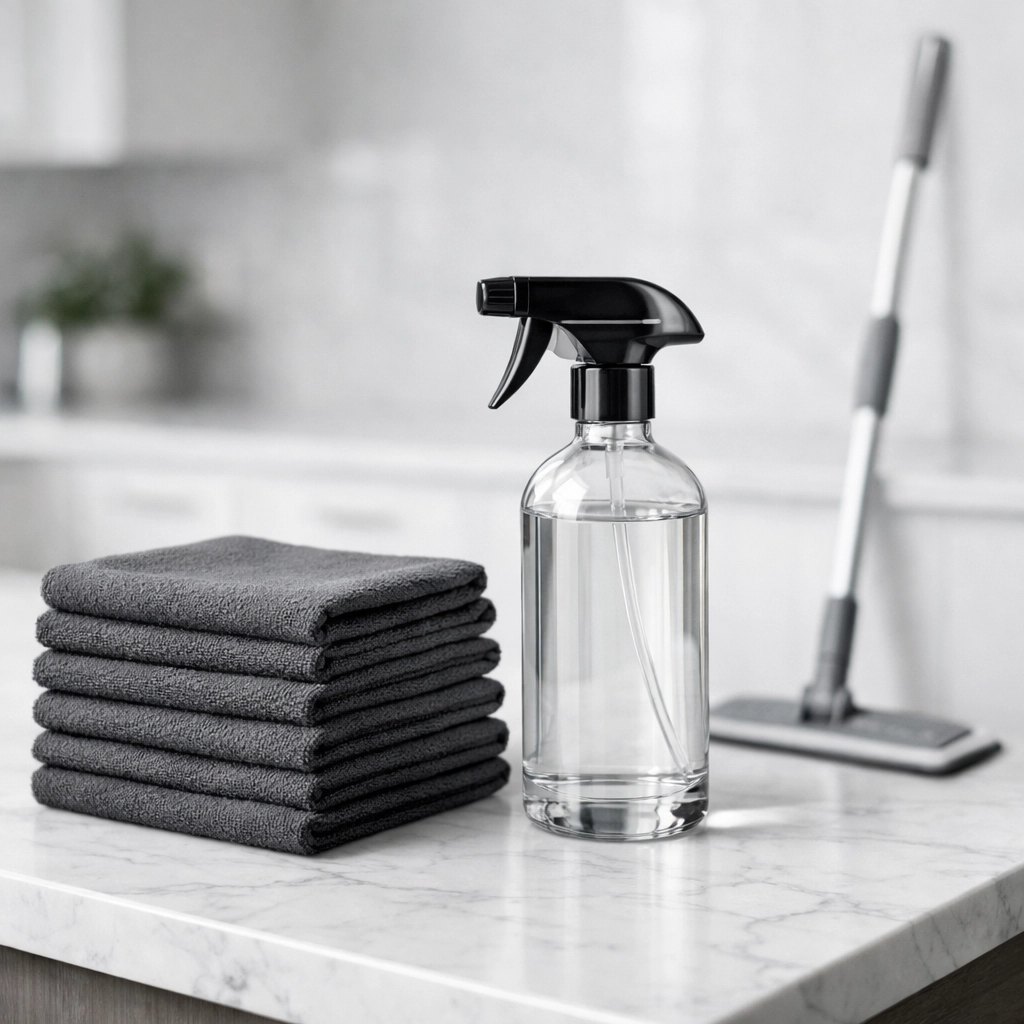 Professional-grade cleaning supplies neatly arranged on a marble counter for a high-end property turnover.
